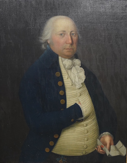 Mid 19th century English School, oil on canvas, Half length portrait of a gentleman holding a letter, unsigned, 75 x 60cm. Condition - fair to good, relined